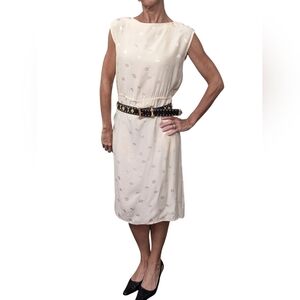 Vintage I Magnin Silk Midi Dress Cream Jacquard Size 4 80s